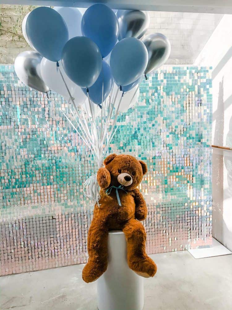 Teddy Bear Holding helium balloons