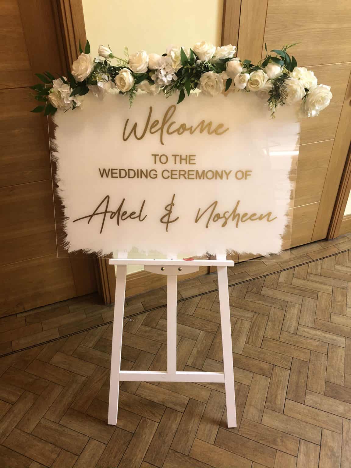 White wedding easel and personalised acrylic board Forever and a Day
