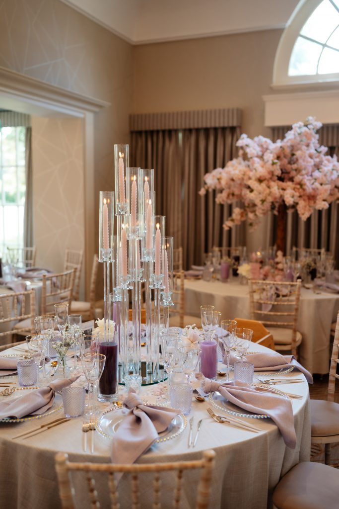 A table set up for a wedding reception.