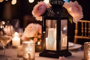 A table setting with candles and flowers in a lantern.