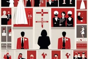 A poster of a wedding with various people in red and white.