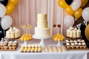 A cake table with cupcakes and balloons.