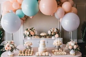 A pink and peach baby shower with balloons and cupcakes.