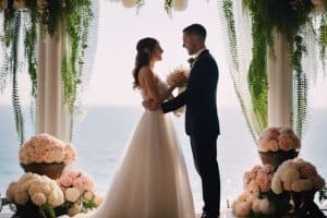 A bride and groom standing in front of a wedding arch overlooking the ocean.