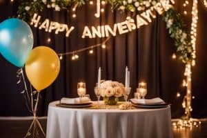 A table setting with a happy anniversary sign and balloons.