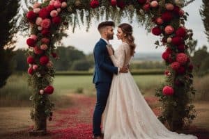 A bride and groom embracing under a red floral arch.