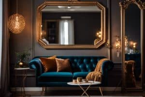 A living room with a blue velvet sofa and gold mirror.