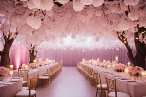 A wedding reception set up under pink cherry blossom trees.