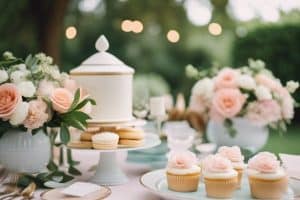 A pink and white dessert table with cupcakes and a cake.