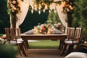 A table set up in a garden with lights and flowers.