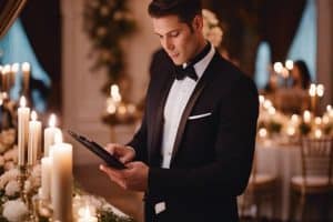 A man in a tuxedo is using a tablet in front of candles.
