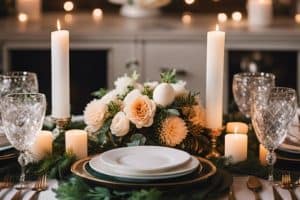 A table setting with candles and greenery.