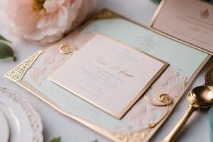 A pink and gold wedding invitation set on a table.