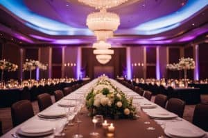 A wedding reception in a large ballroom with long tables and chandeliers.