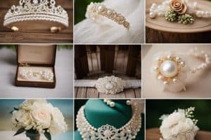 A collage of pictures of pearls, tiaras, and wedding accessories.