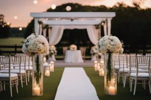 A wedding ceremony set up with candles and flowers.