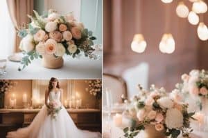 A collage of pictures of a wedding table with flowers and candles.