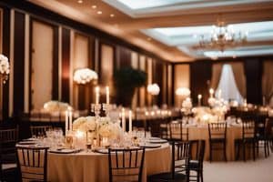 A black and white wedding reception with candles and white linens.
