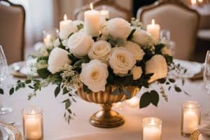A centerpiece with white roses and candles on a table.