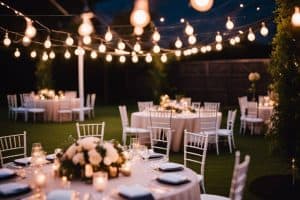 A wedding reception set up with white tables and string lights.