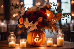 A pumpkin centerpiece with candles and flowers on a table.