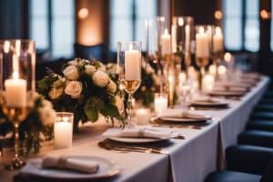 A long table set with candles and flowers.