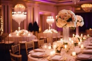 A wedding reception with candles and flowers in a ballroom.