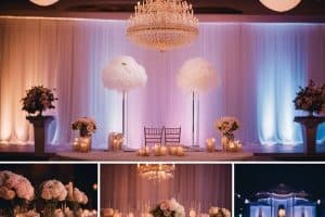 A collage of pictures of a wedding reception with candles and chandeliers.