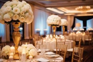 A gold and white wedding reception with candles and flowers.