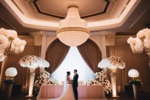 A bride and groom standing in front of a chandelier.