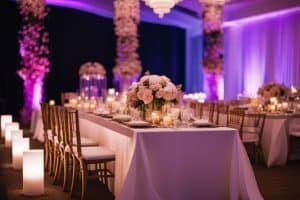 A wedding reception set up with white linens and purple lighting.