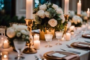 A gold and white table setting with candles and white flowers.