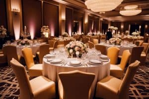 A banquet room set up for a wedding reception.