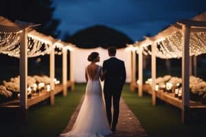 A bride and groom walking down a pathway lit up with fairy lights.