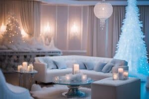 A white living room decorated with candles and snowflakes.