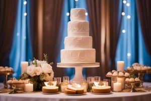 A white wedding cake on a table with candles.