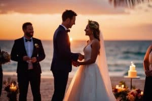 A bride and groom exchange vows on the beach at sunset.