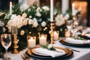 A black and gold table setting with white flowers and candles.