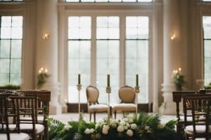 A wedding ceremony set up with greenery and candles.