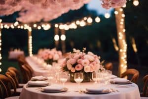 A table set up with pink flowers and string lights.