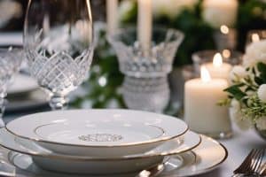 A table setting with white plates, silverware, and candles.
