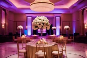 A wedding reception in a ballroom with purple lighting.