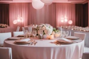 A pink and white wedding reception with white tables and white linens.