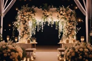 A wedding arch decorated with white flowers and candles.