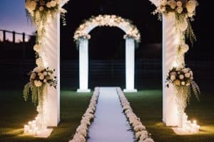 A wedding arch decorated with flowers and candles.
