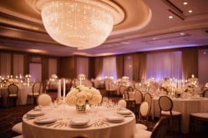 A wedding reception in a large ballroom with white tablecloths and candles.