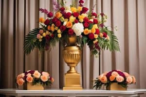 A gold vase with flowers on it sits on top of a table.