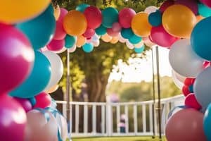 A colorful balloon arch with blue and pink ribbons.