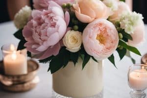 Peonies and candles in a vase on a table.