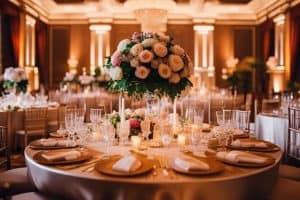 A wedding reception in a ballroom with white tablecloths and pink flowers.